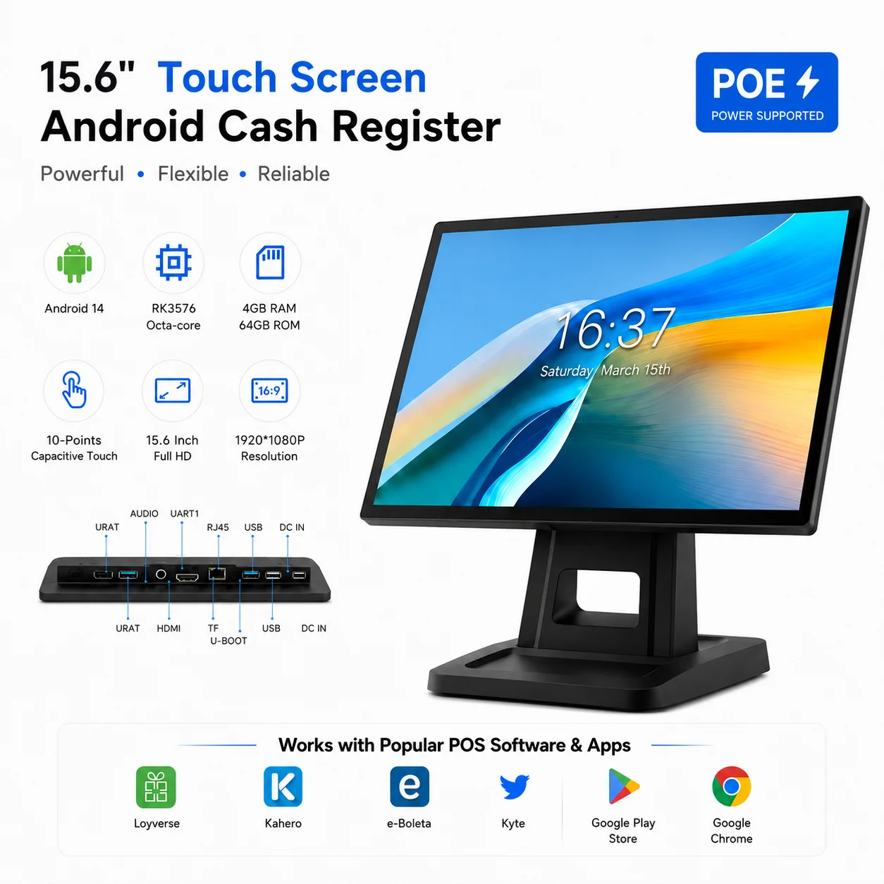 Hot Android 14 Cash Register,15.6 Inch 4G+64G 8-core Touch POS with 1920*1080P Screen Restaurant POS Ordering Kiosk Shopify PO
