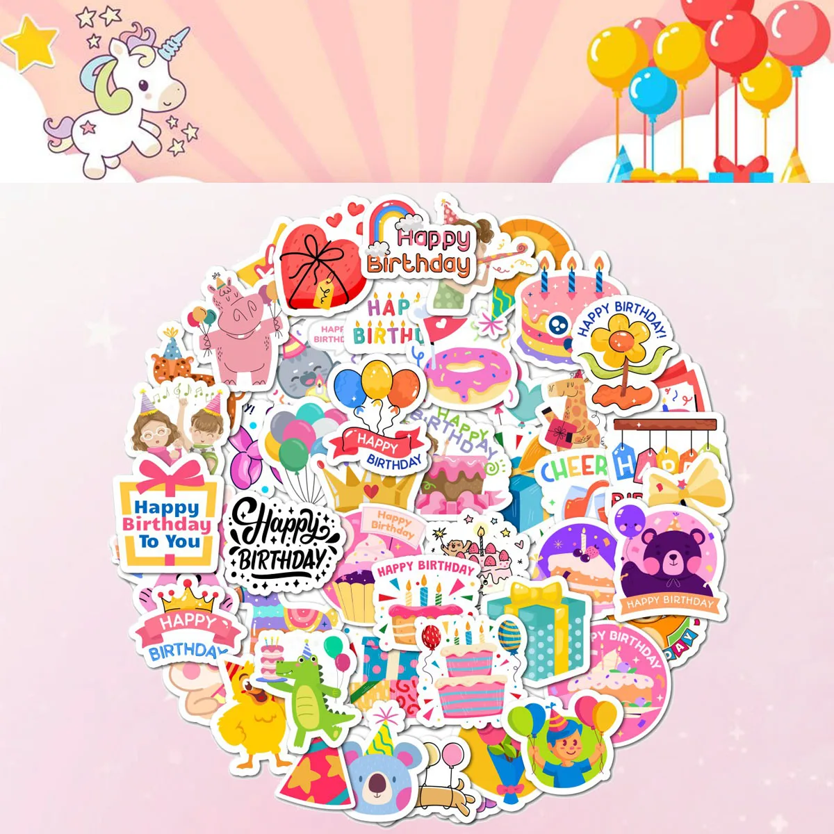 Kawaii Birthday Cake Gift Balloon Sticker Pack Waterproof Decals for Luggage Skateboard Notebook DIY Gift