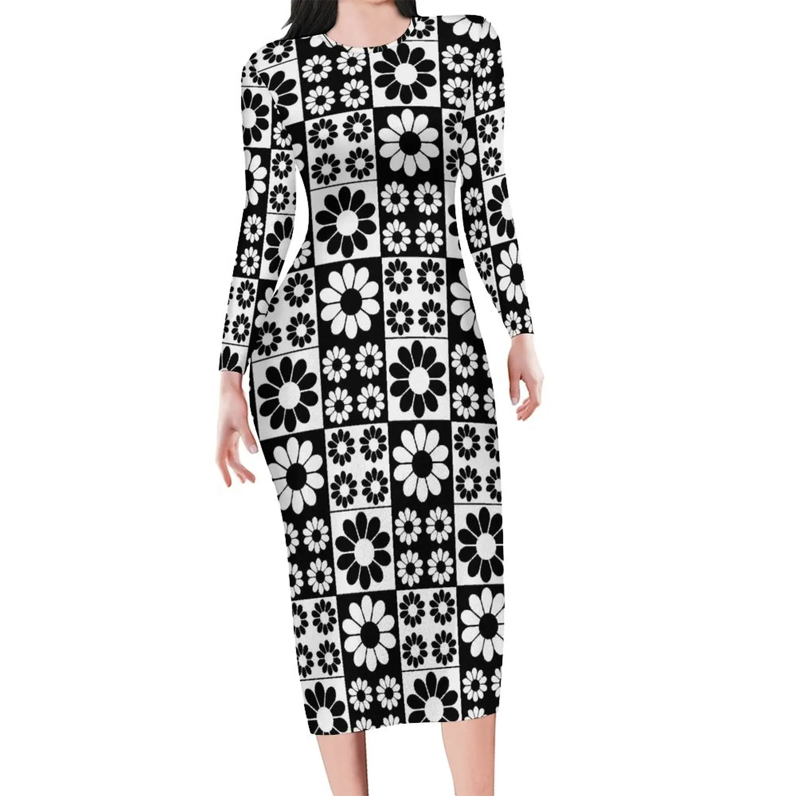 

Daisy Floral Dress Long Sleeve Black And White Aesthetic Dresses Spring Trendy Bodycon Dress Womens Graphic Oversized Vestidos