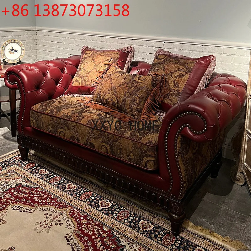 

Американский кожаный диван для виллы, гостиная, полностью оборудованный европейский роскошный резной цветок из цельного дерева, большая квартира, первый слой
