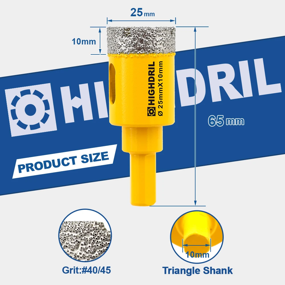 HIGHDRIL Diamond Vacuum Brazed Triangular Shank Drill Bits  1pc Dia25mm Diamond Tools For Granite Ceramic Masonary Milling Bit