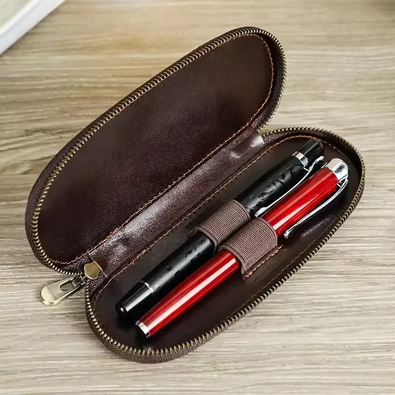 

Vintage Crazy Horse Leather 2 Slots Pen Case Portable Pencil Bag For Fountain Rollerball Ballpoint Pen Office School Stationery