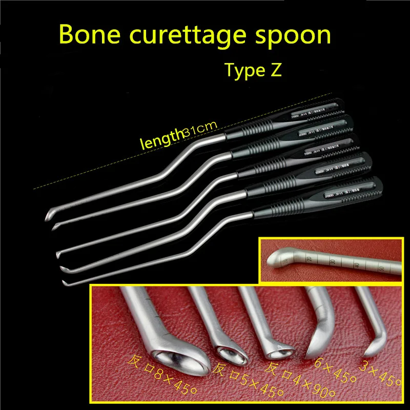 

Orthopedic instrument medical bone Scraping curettage spoon 45 90 degrees straight reverse mouth negative direction curette Z