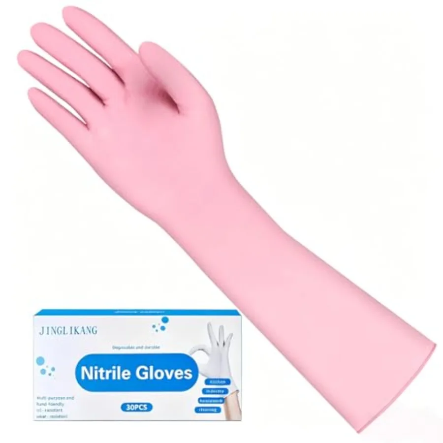 

Long Sleeves Durable Disposable Nitrile Gloves 15Inch, Household Cleaning Dishwashing Waterproof 30PCS