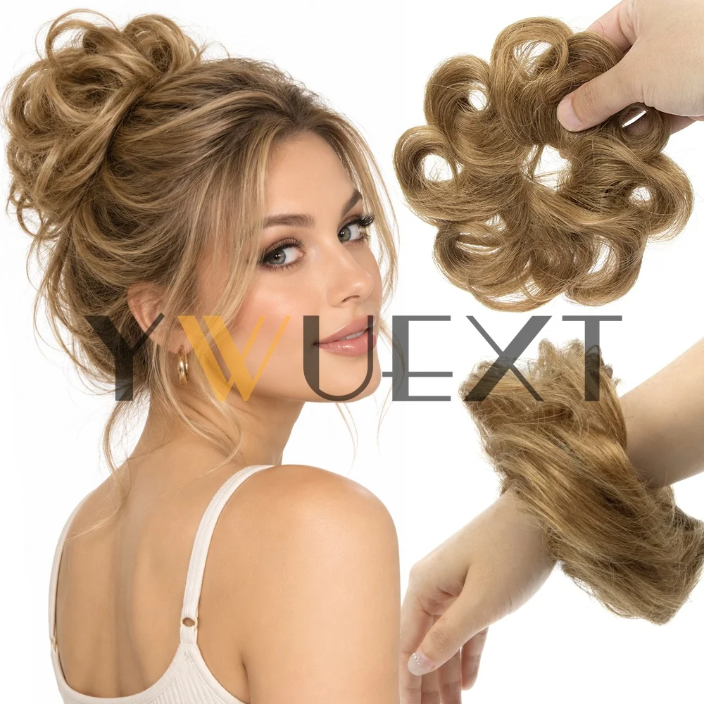 Remy Human Hair Extensions Suitable for Women's Blonde Curly Wave Buns & Ponytails - Volume Boosting Hair Add-Ons, Blends with Own Hair for Messy Bun Styles, Volume Enhancing Hairpiece for