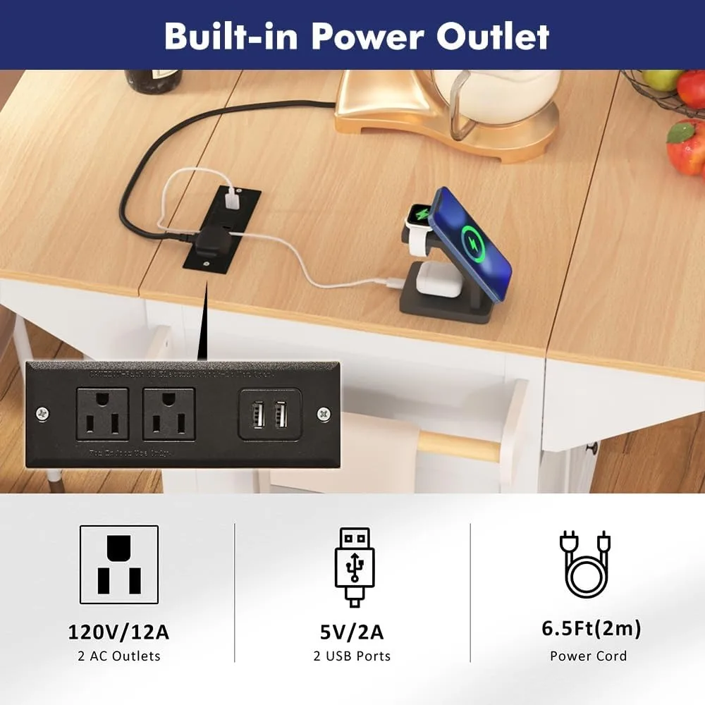 جزيرة مطبخ متنقلة بأوراق قطرة مزدوجة ومخرج طاقة ومنشفة ورفوف توابل