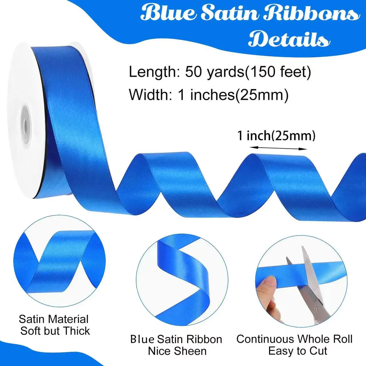 Blue Satin Ribbon 50 Yards 1 inch Royal Blue Ribbon Stocking Stuffers for Gift Wrapping Crafts Flower Bouquet Bow Making Wedding