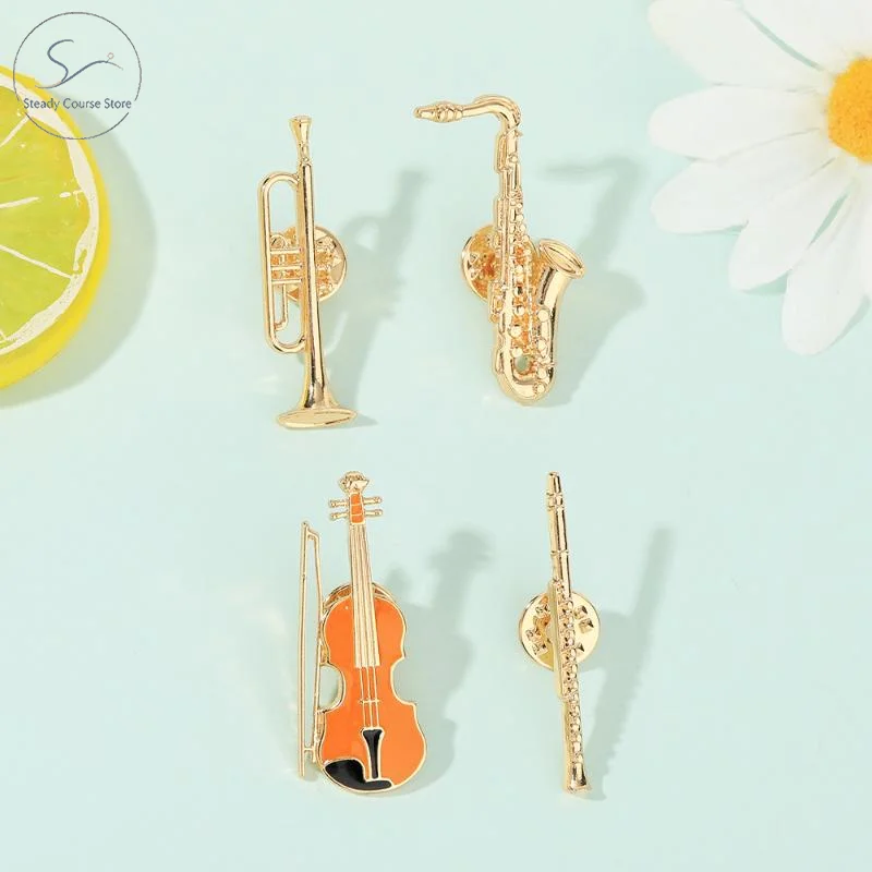 1Pcs Symphony Orchestra Badge Musical Instruments Enamel Brooches Trumpet Clarinet Saxophone Violin Golden Pins No Fade