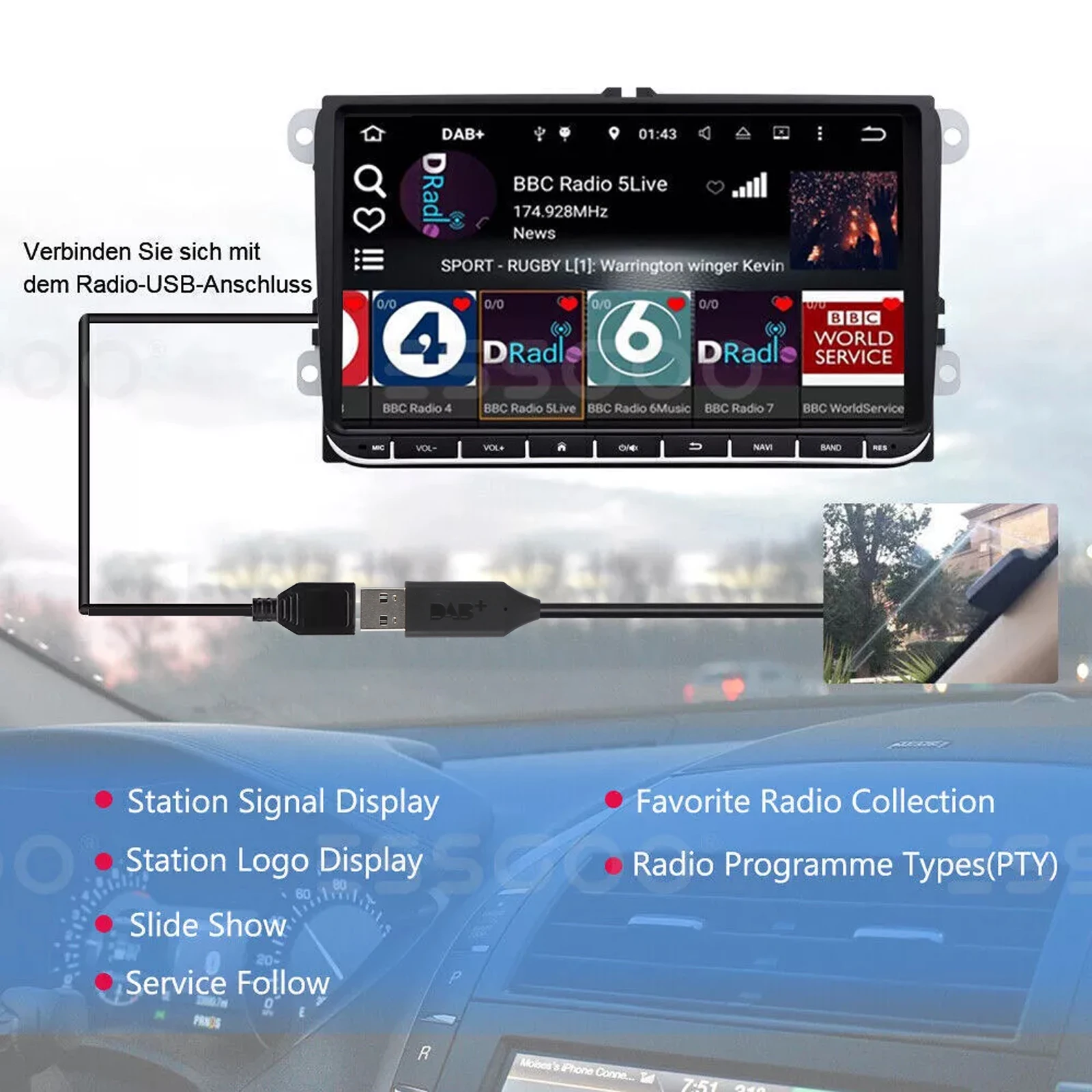 Immagine 6: ESSGOO Adattatore USB Android DAB+ per Autoradio Sintonizzatore Digitale Ricevitore Scatola Audio Antenna per Unità Principale Autoradio Android