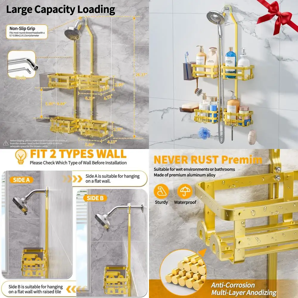 

4-уровневый регулируемый подвесной органайзер для душа с 10 крючками и корзиной для мыла - золотой