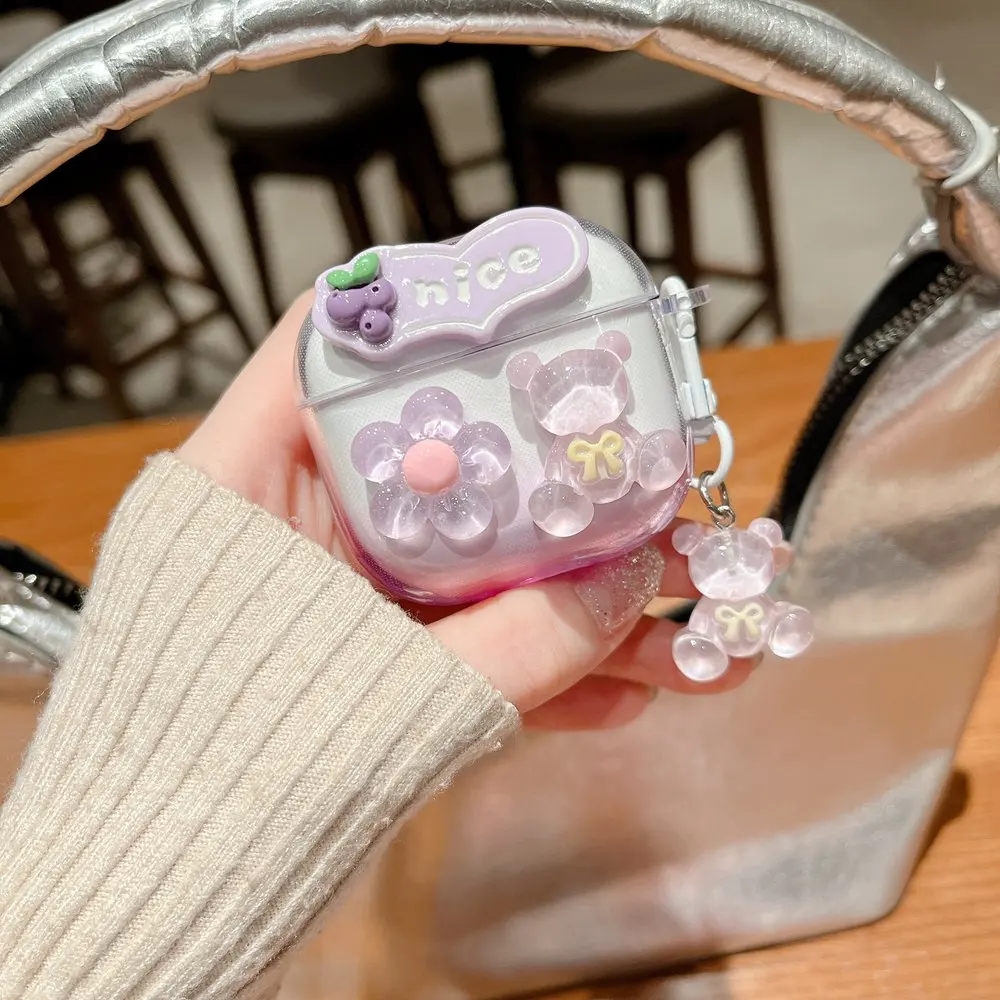 New Cute 3D Bear Flower Earphone Case for AirPods 4 Wireless Charging Box Protective Soft Cover For 2024 AirPods 4 With Keychain