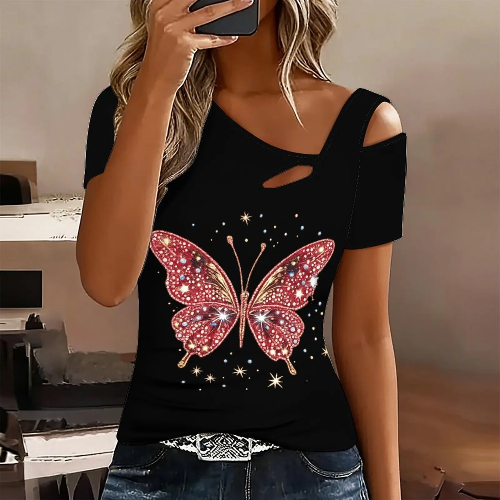 Women's daily butterfly print top, fashionable casual T-shirt, sexy off shoulder short sleeved elegant clothes