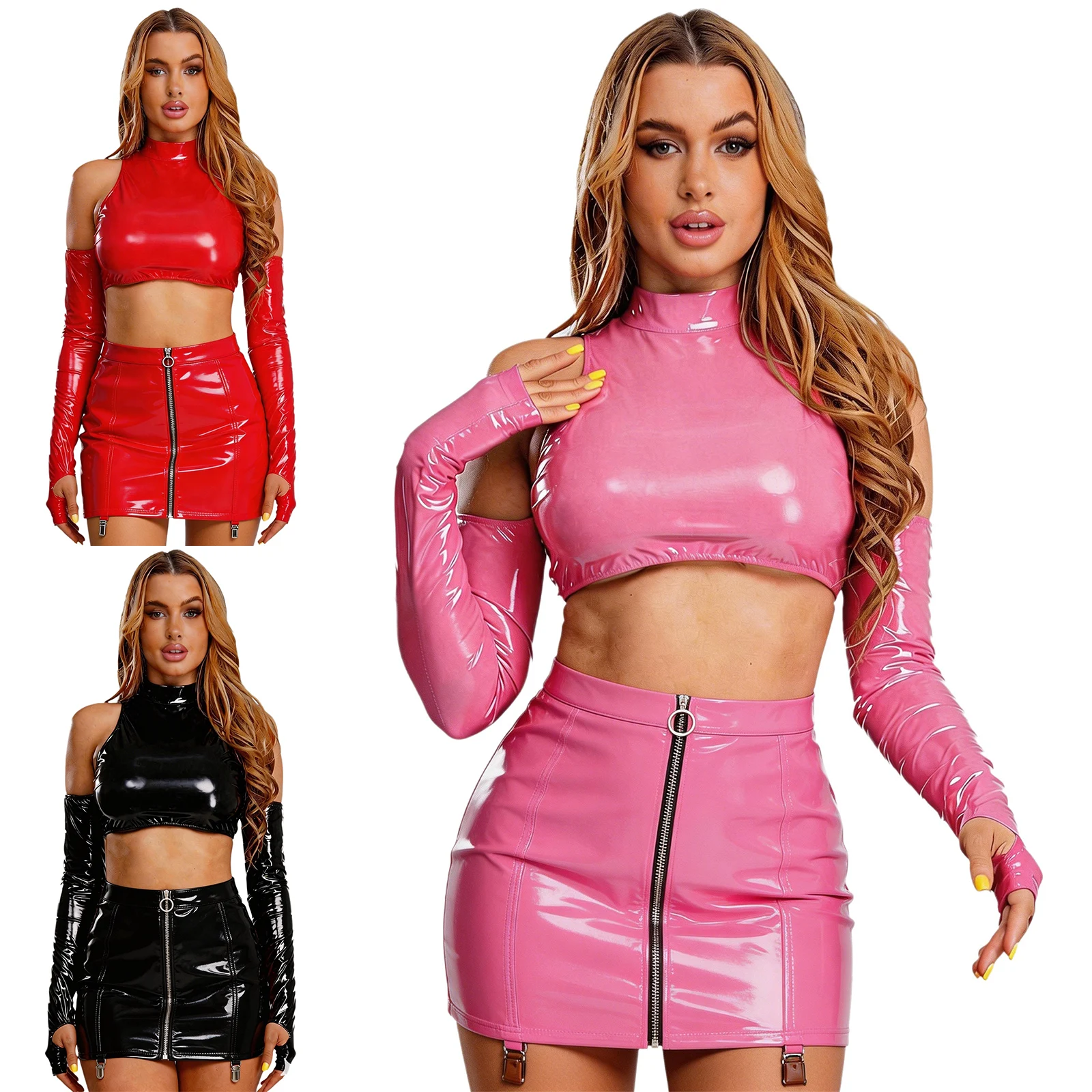

Womens Wet Look PU Leather Skirts Clubwear Glossy Long Sleeve Cutout Crop Top And Floral Lace Miniskirt for Nightclub Rave Party