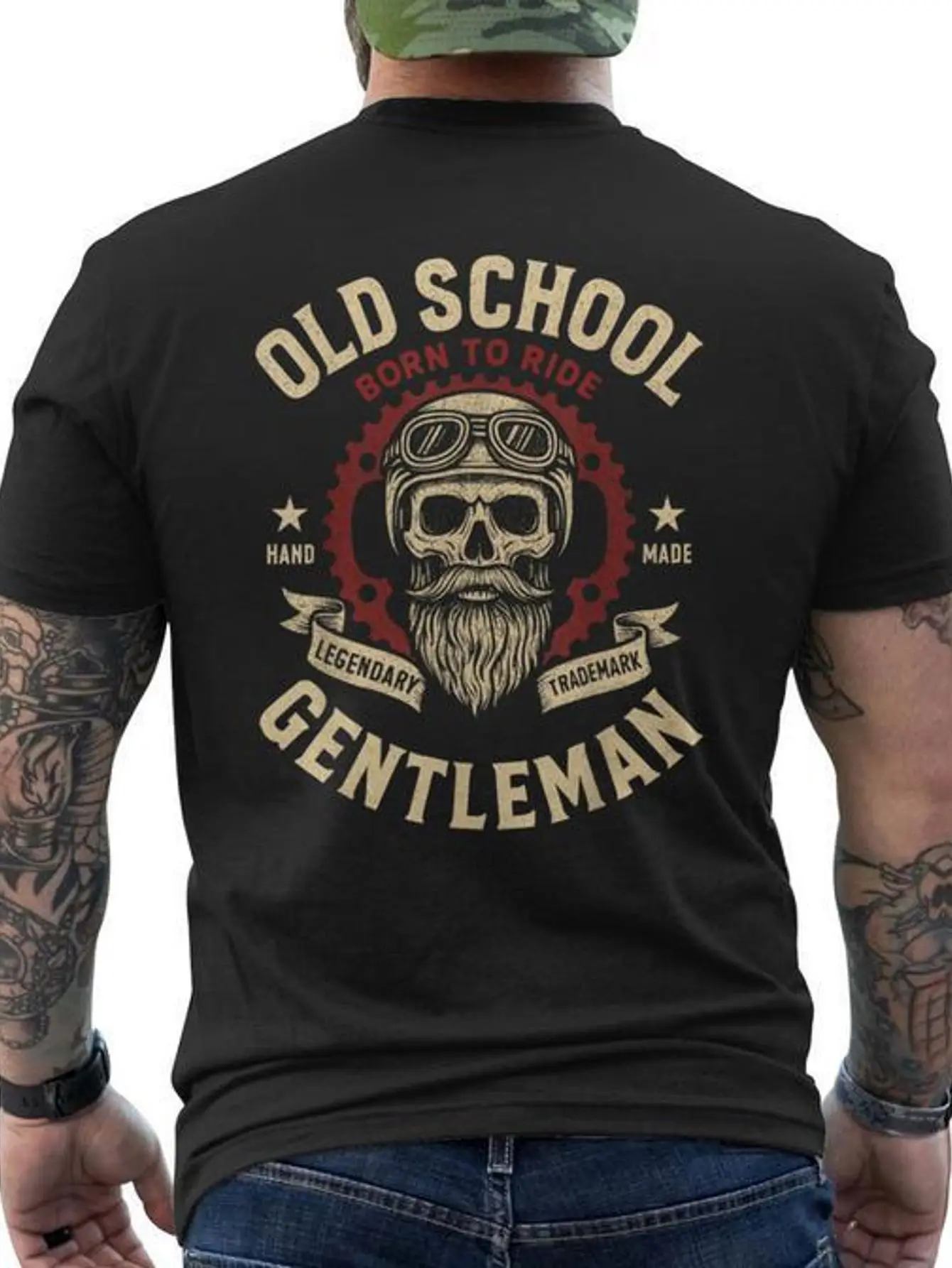 Camiseta masculina retrô com estampa de motocicleta Moterointage - Camiseta com gola redonda e estampa nas costas com design de caveira e design Born To Ride