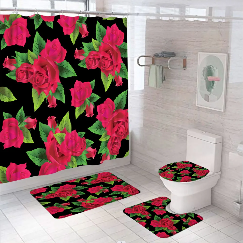 Vintage Floral Letter Shower Curtain Set Watercolor Plant Garden Flower Bathroom Curtains Non-Slip Bath Mat Rug Lid Toilet Cover