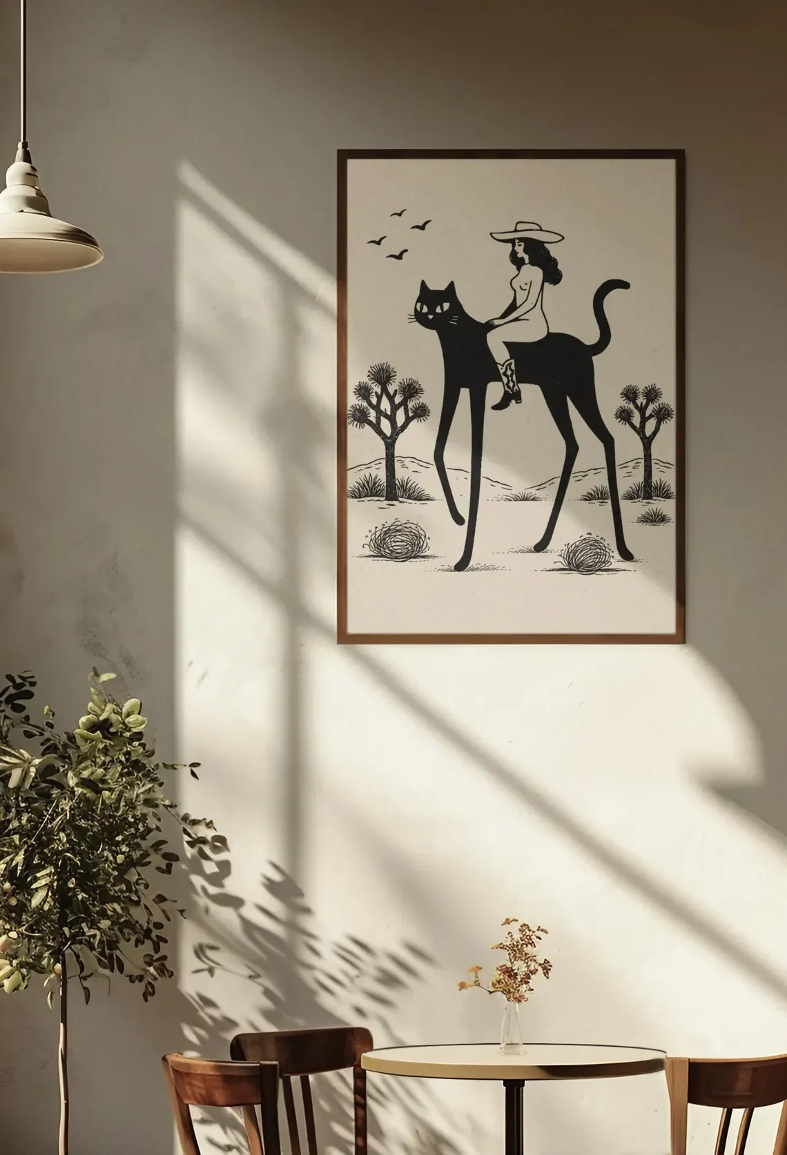 Whimsical Desert Cowgirl Cat Wall Art - Retro Print Celebrating Feline Adventure. The Warm Beige Backdrop and Bold Black Silhoue view 5