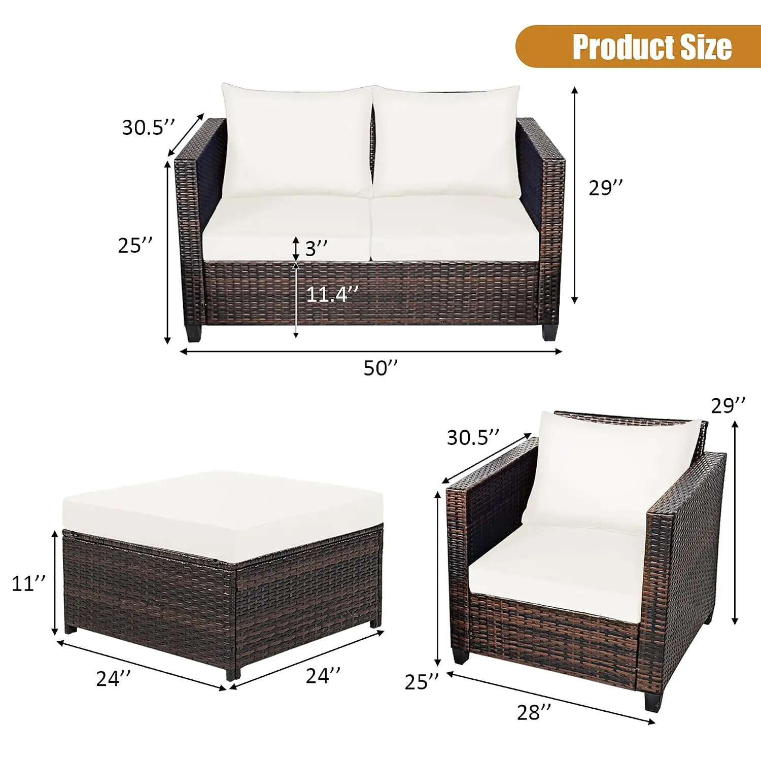 Outdoor Patio Loveseat Sofa Set W/ 2 Ottomans, Multifunctional Rattan Furniture For Backyard Garden Balcony, White, Customized