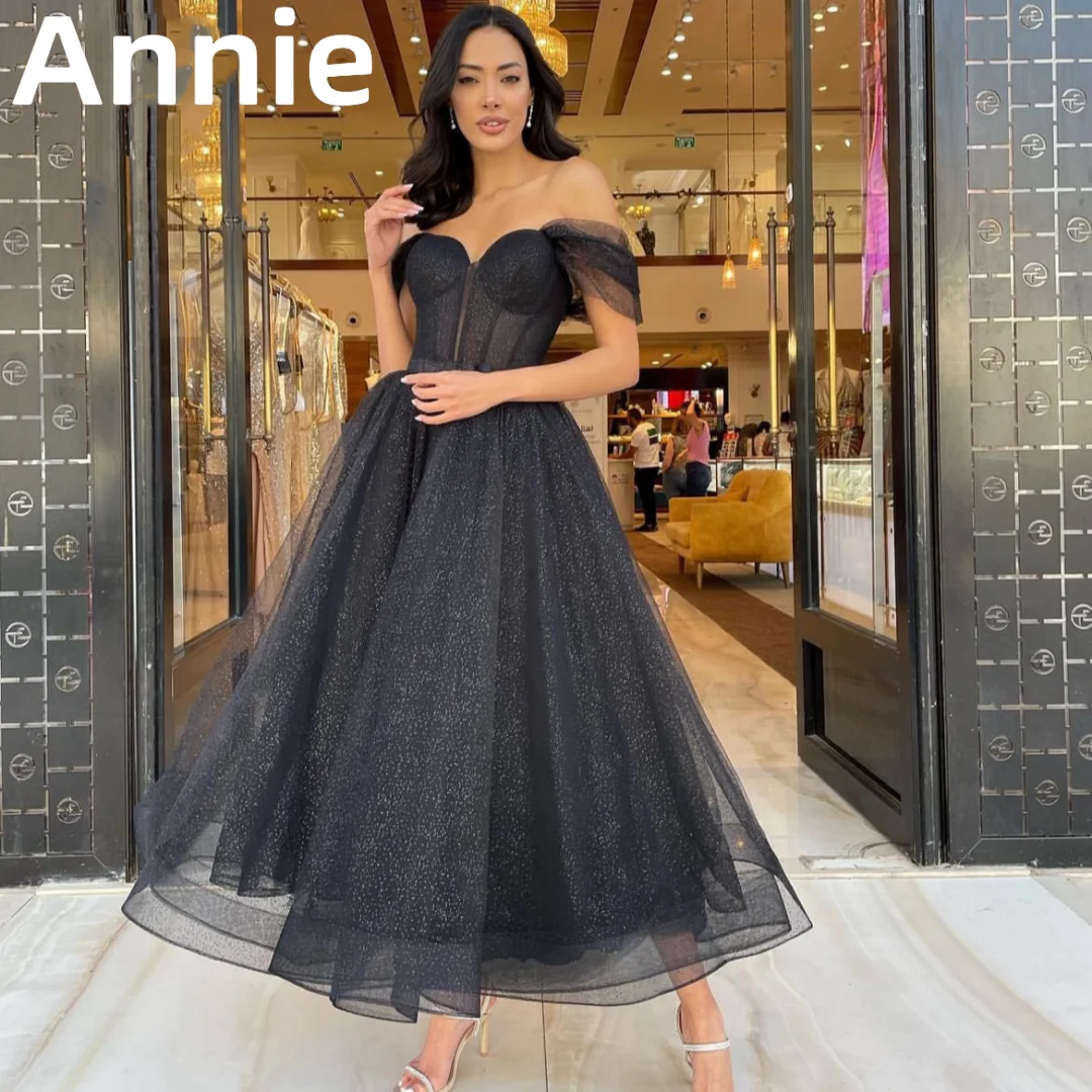 

Annie Sexy Off-the-shoulder Prom Dresses Black Tulle Glitter Evening Dress Vestidos De Noche Formal Occasion Party Dress