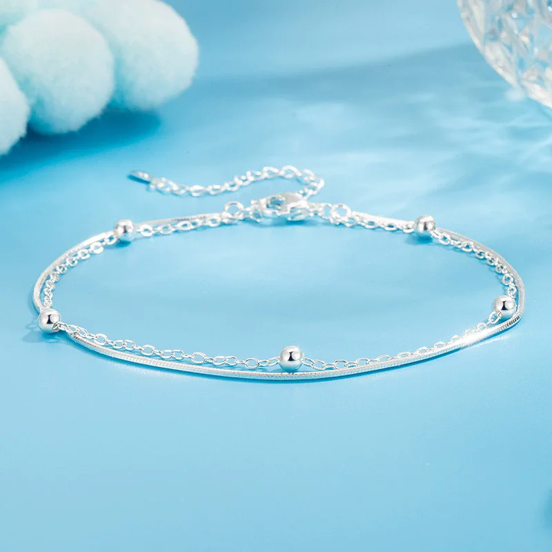 925 Sterling Silver Fashion Elegant Double Layer Anklets Women Jewelry Gift Small Bead Chain And Snake Chain Multilayers Design