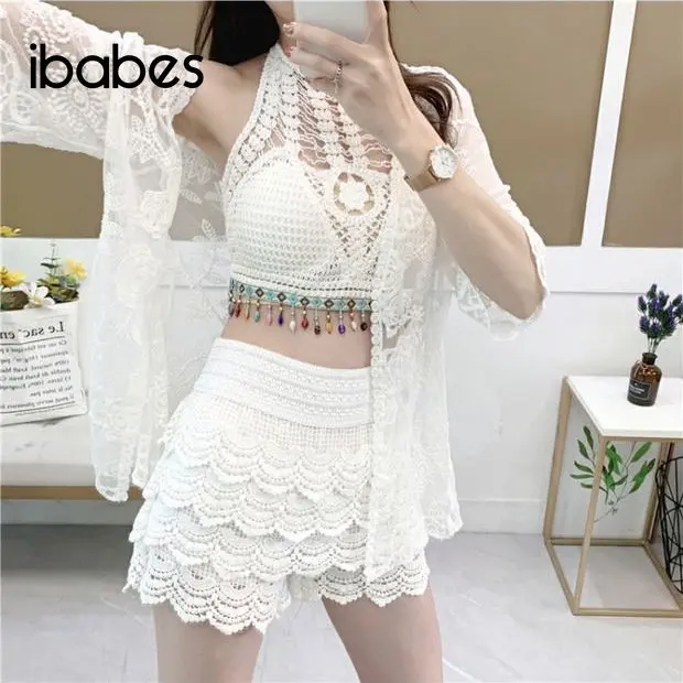 Bohemian Crochet Knitted Women 3 Piece Set Solid Sunscreen Shirt Tassel Tank Top Shorts Skirt Matching Set 2023 Summer Beachwear