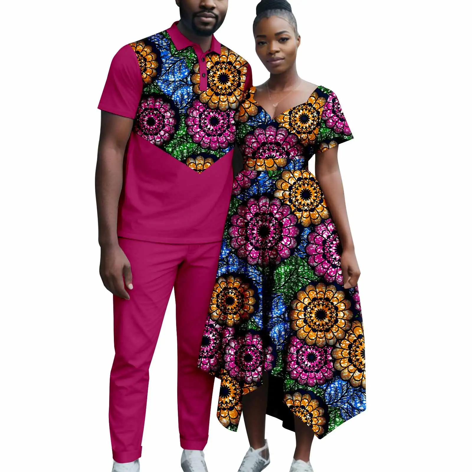 African Print Asymmetrical Dresses for Women Matching African Attire Couples Men Outfits Top and Pant Sets Bazin Riche Y23C090