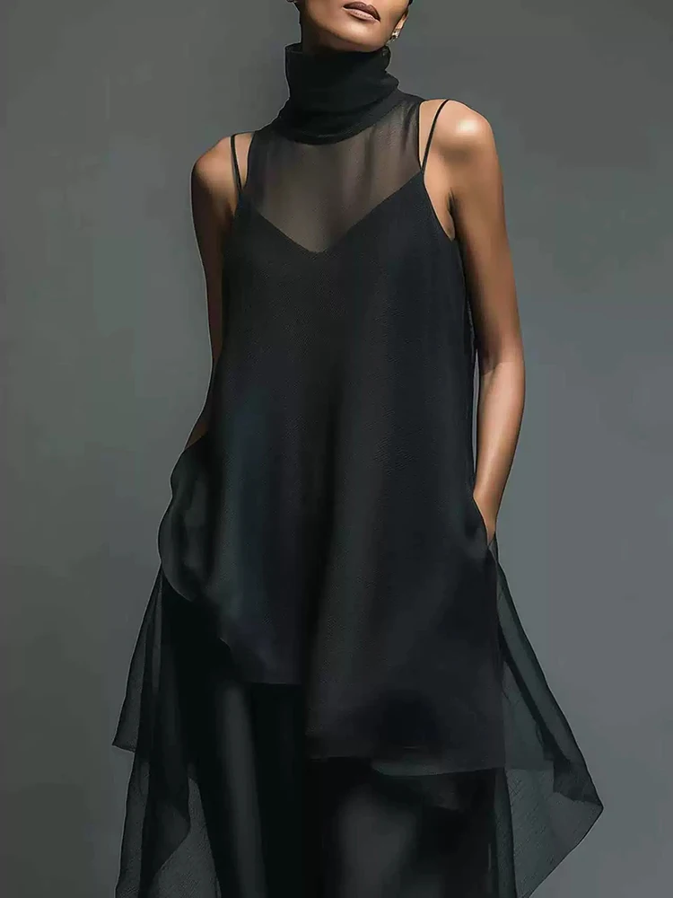 

Casual Women Loose Commute Two Piece Sets Elegant Solid Satin Dress 2PC Fashion Turtleneck Mesh Cover-up With Halter Dress Sets