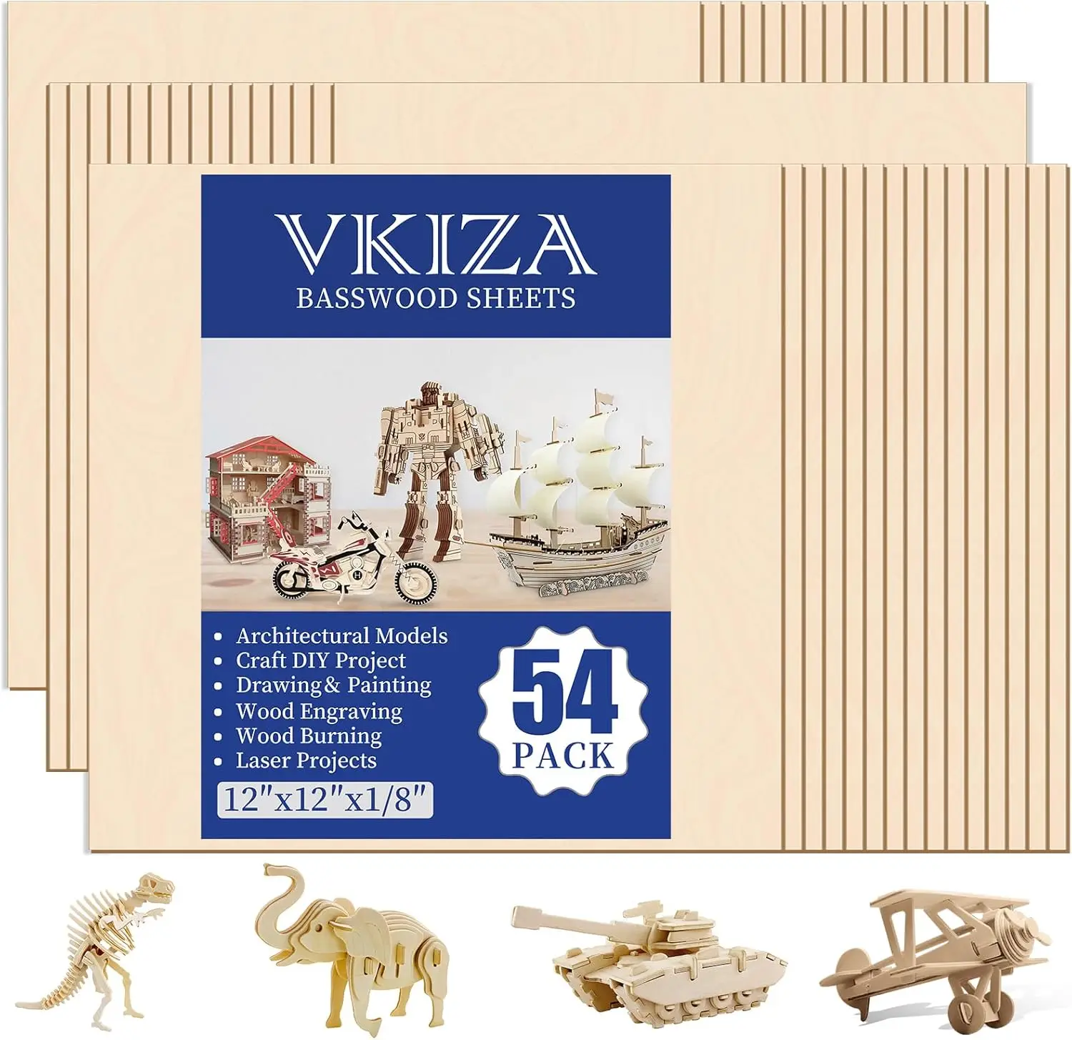 Pacote com 54 folhas de basswood de 12x12x1/8 polegadas para corte a laser, artesanato e modelos DIY