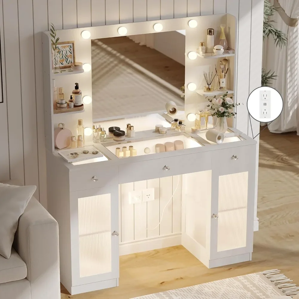 

Туалетный столик для макияжа со стеклянной столешницей, белый туалетный столик с зеркалом и подсветкой, большой туалетный столик с ящиками и шкафами для спальни,