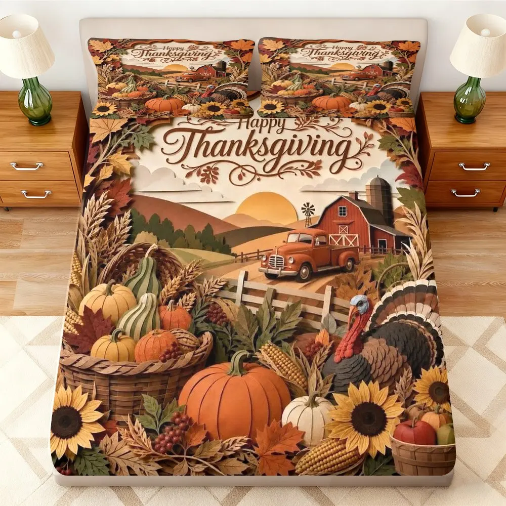 Thanksgiving Pumpkin Party Mattress Protector with Pillowcases, 1 Fitted Sheet + 2 Pillowcases (Without Filling) 2D Flat Printing, Mattress Protector, Elastic Fitted Sheet Cover, King/Twin/Queen Size, Harvest Party Master Bedroom Guest Room Decoration, Dustproof and Stain-Resistant, High Elasticity, Fits Various Sizes
