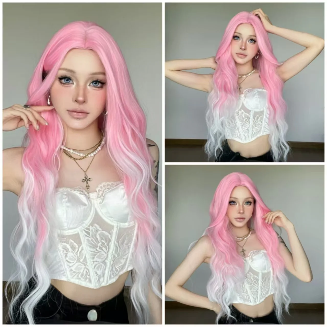 

Wig girl gradual change pink medium water ripple long curly hair fashion Korean version of hot girl daily wig