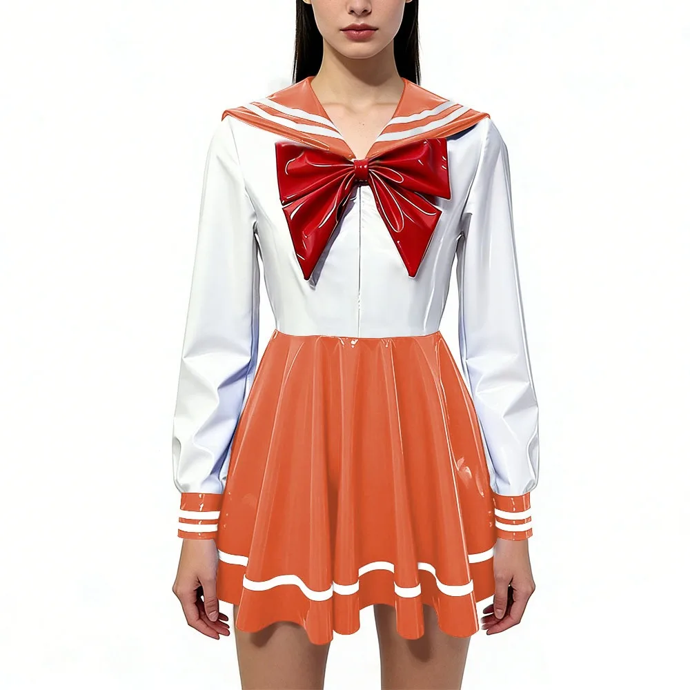 

Womens Sailor Style Pleated Short Dress Long Sleeve Shiny PVC Leather High Waist Dress with Red Bow College Style Party Costume