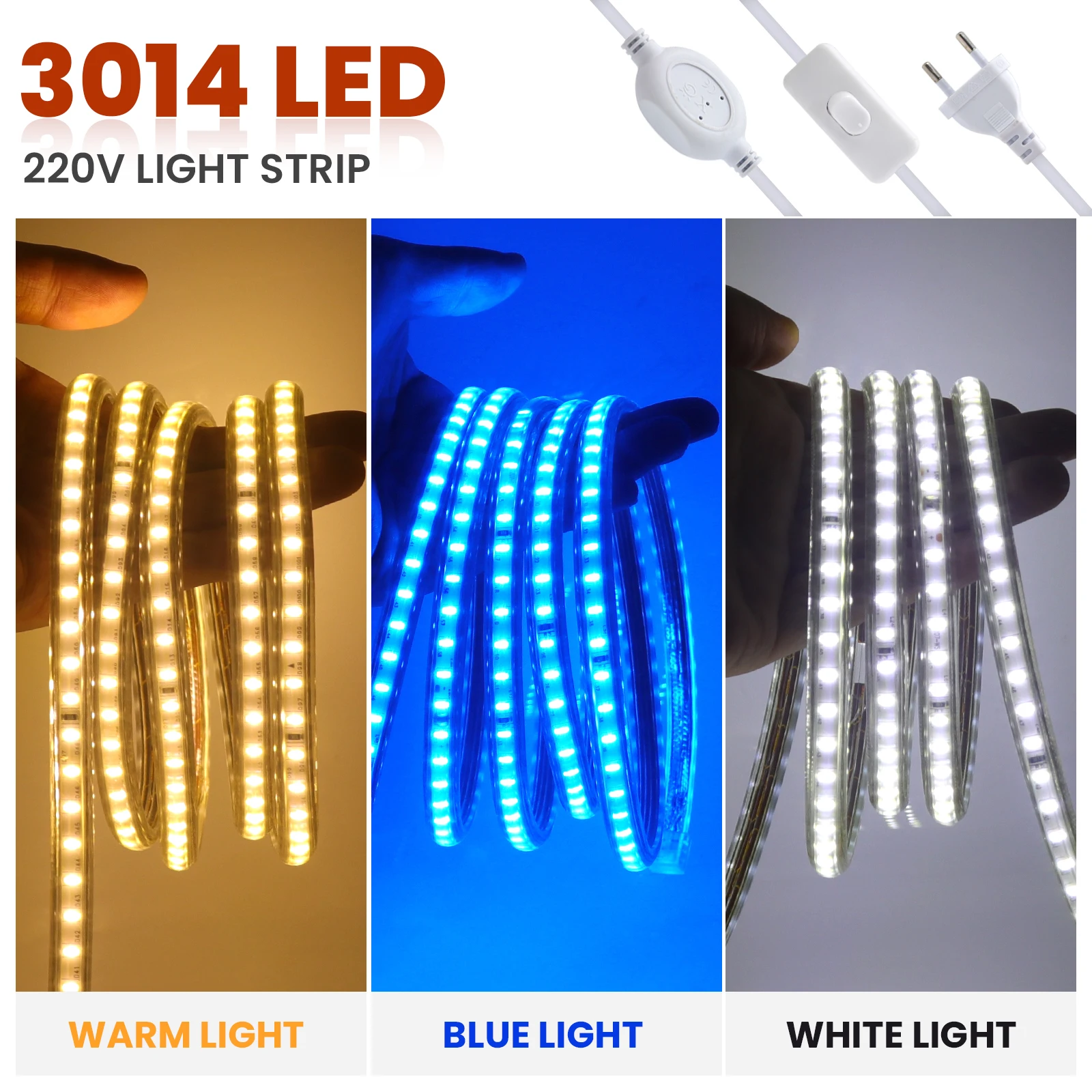 220V LED Strip Lights Waterproof SMD 3014 120LEDs/m Outdoor Lamp White Warm White Blue Led Ribbon Tape with Switch EU UK Plug