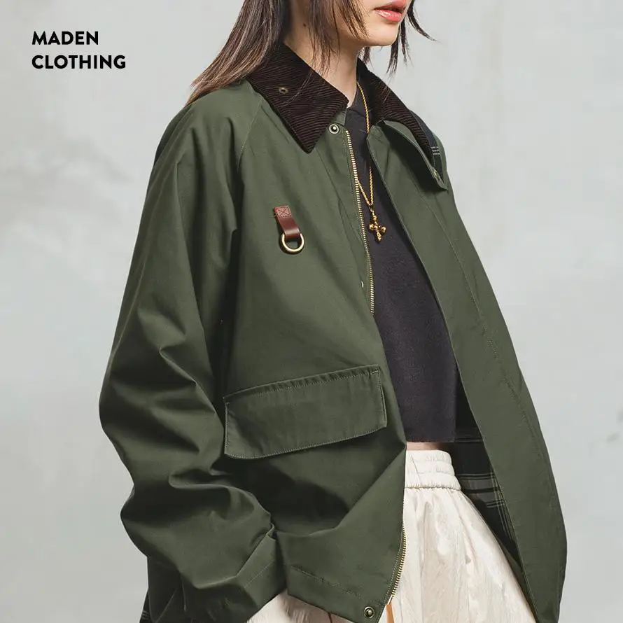 

Maden Women's Retro Green Short Barn Jacket Corduroy Patchwork Lapel Zippered Utility Coat Casual Fall Outerwear