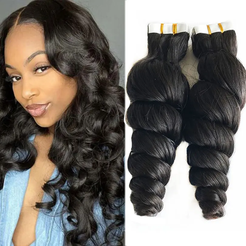 Tape In Hair Extensions Human Hair 40 Pcs Loose Wave Double Side Adhesive Black Skin Weft Hair Extension