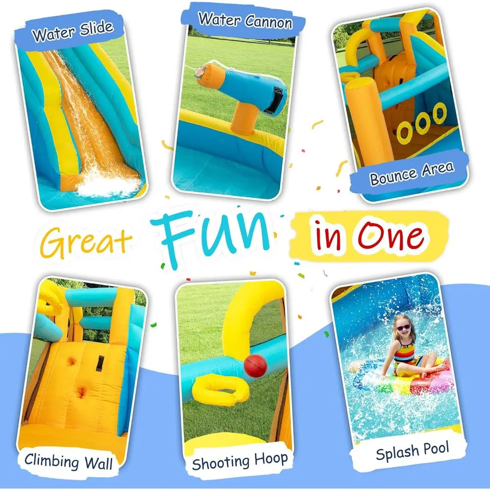 Nadmuchiwana zjeżdżalnia wodna dla dzieci, park wodny 8w1 z dmuchawą 450W, ściana wspinaczkowa, basen z wodą, kosz do koszykówki, wodna karabin, G