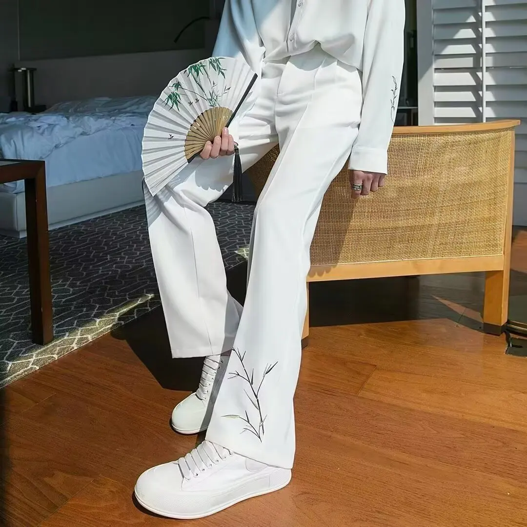 

Bamboo Leaf Embroidery White Japanese Draped Trousers Men New Chinese Style Men's Clothing Ice Silk Slightly Flared