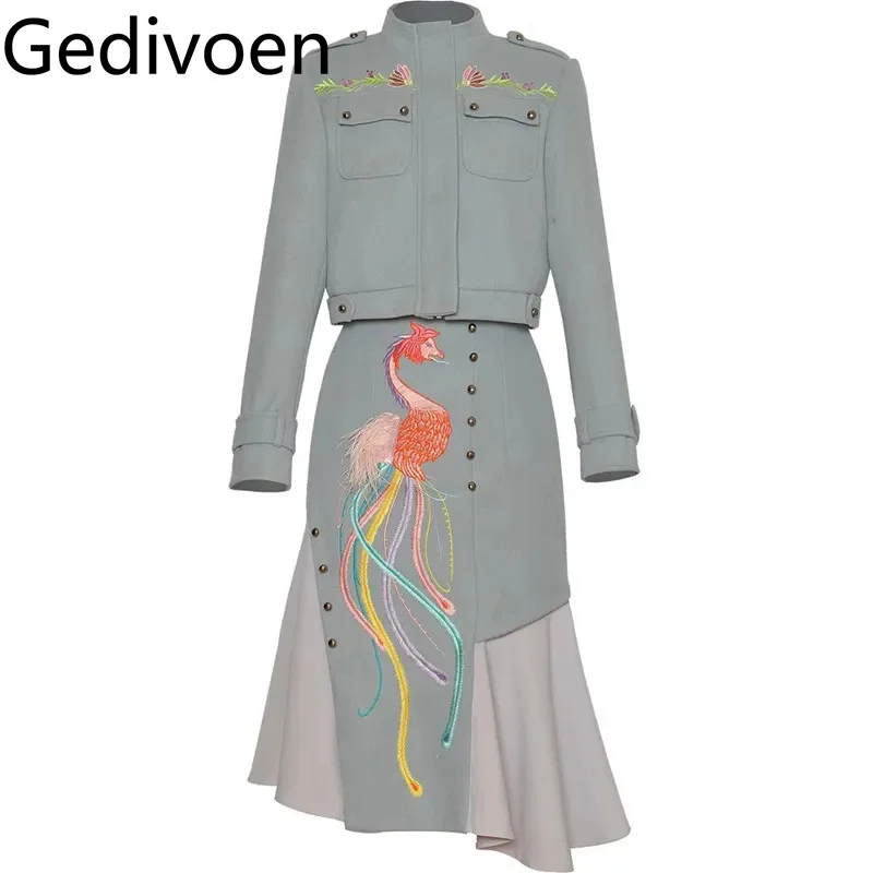 Gedivoen Autumn and Winter Women's Suit Stand Collar Long-Sleeved Short Coat Tops+Asymmetrical Skirt Embroidery 2 piece set