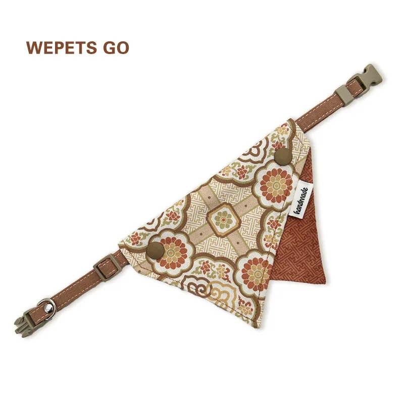 Creamy White Chinese Style Floral Pattern Detachable Adjustable Pet Triangle Bandana Bib For Cats Dogs M L Daily Use Accessory
