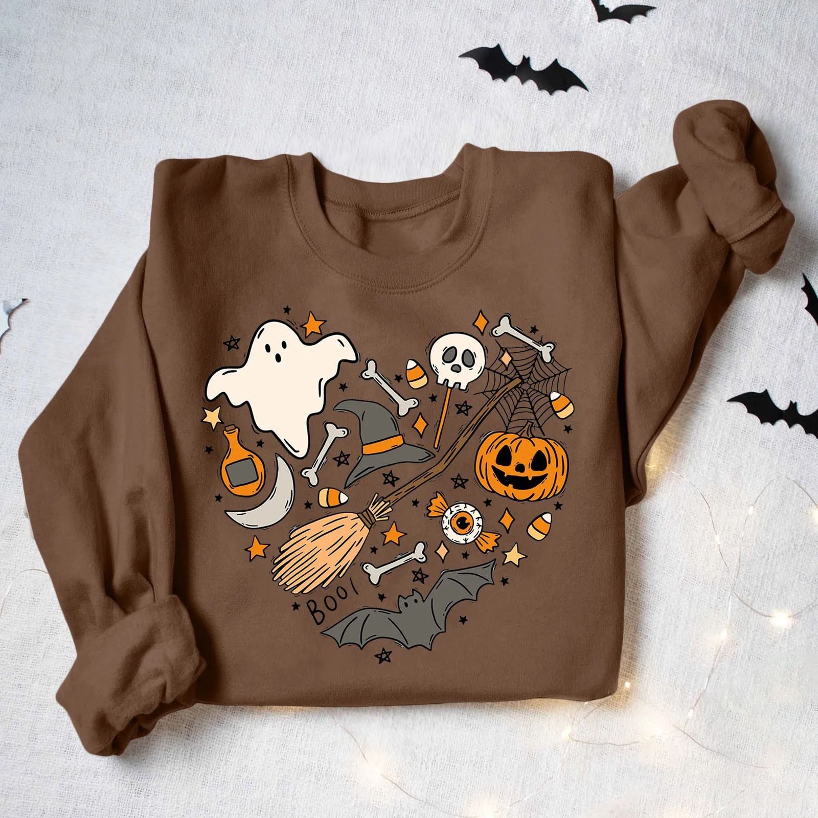 

Women's Halloween Hoodie Cute Little Ghost Pumpkin Witch Broom Bat Print Hoodie Fashion Trend Casual Warm Hoodie Without Hoodie