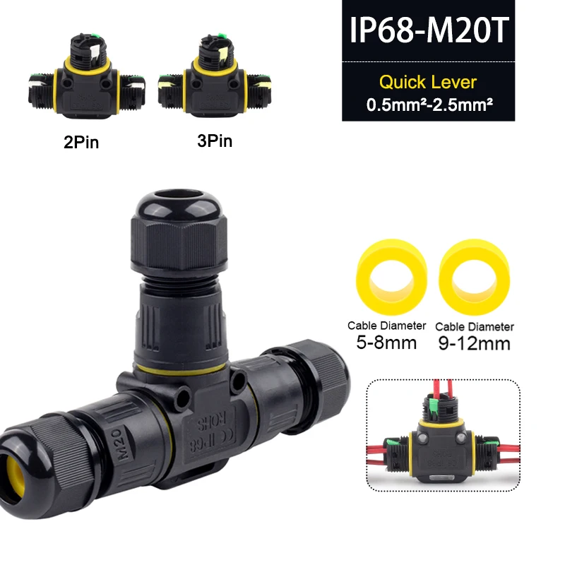 IP68 M20 T Shape Waterproof Wire Connectors 2/3Pin 3 Way Quick Insert  Lever Wiring Terminal for Outdoor Electric Junction Box