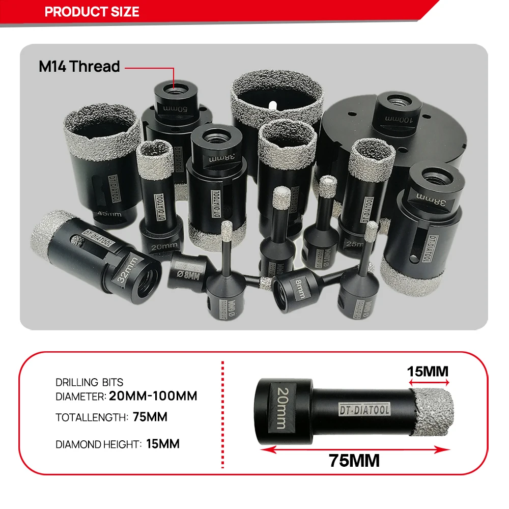 Dia Diamond Drilling Core Bits, Broca Seca, Buraco Saw para Porcelanato, DT0-DIATOOL, 28mm, 2Pcs Set, M14