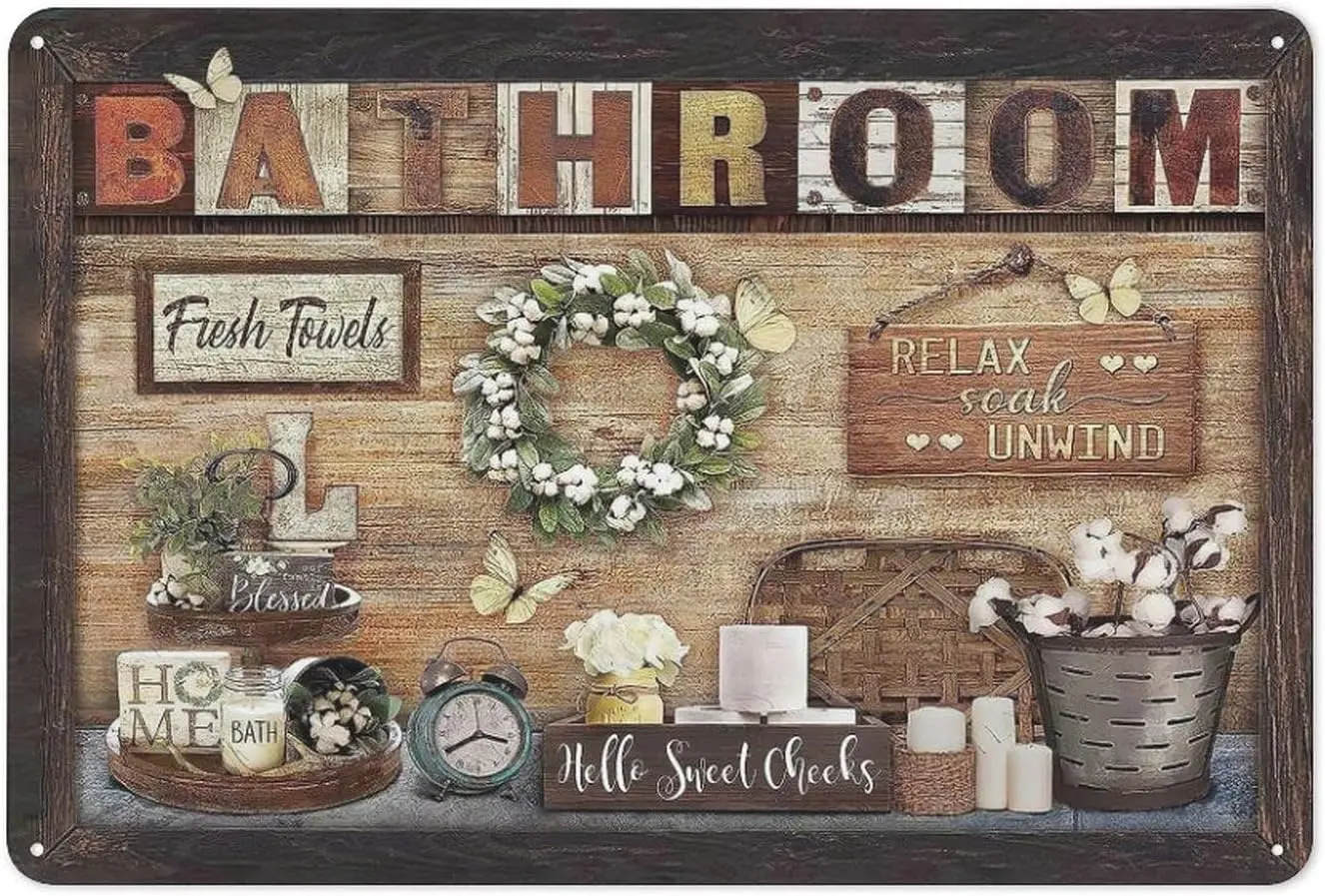 Rustic Retro Metal Tin Sign Bathroom Wall Art Farmhouse Bathroom Pictures Wall Decor Cotton Flowers Relax Soak Unwind Vintage To