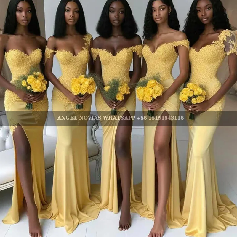 

Long Mermaid Yellow Lace Bridesmaid Dresses Girls Wedding Party Maid Of Honor Dress robe demoiselle d honneur femme