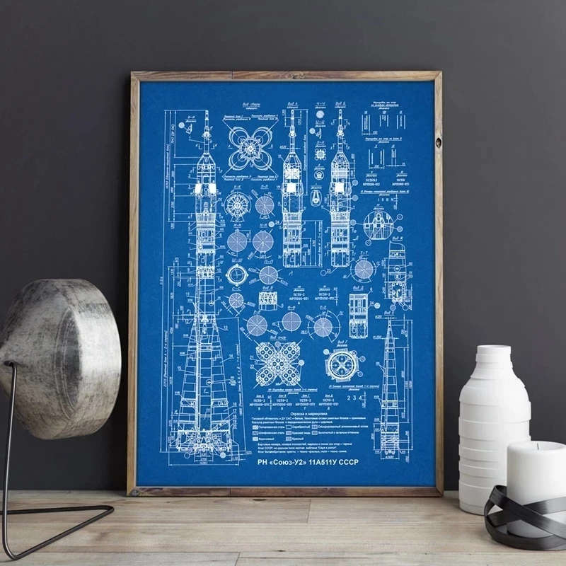 Soyuz-U2 Russian Rocket Patent Gallery Wall Art Canvas Print Aviation artwork Blueprint Posters Painting Outer Space Retro Decor