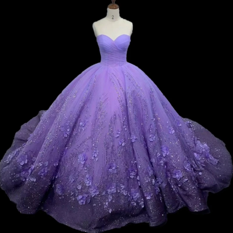 

Lavender Shiny Quinceanera Dresses Ball Gown Off The Shoulder Sequin Lace Flower Beading Crystal Bow Tull Corset Sweet 16 Dress