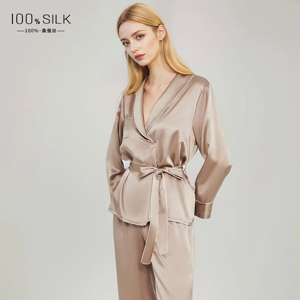 19MM Heavy Silk Robe Pants Pajamas 100% Mulberry Silk Long Sleeve Kimono Robe Pajamas Set Women Skin-friendly Sleepwear Lingerie