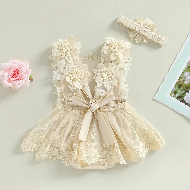 0-18M Newborn Baby Girl Romper Floral Lace Embroidery Short Sleeve Mesh Dress Straps Sleeveless Sweet Jumpsuits with Headband