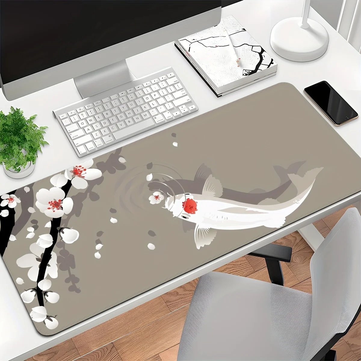 

Extra-Large White Koi Fish Gaming Mouse Pad - Washable, Non-Slip Rubber Base with Precision Locking Edge, Cherry Blossom Design