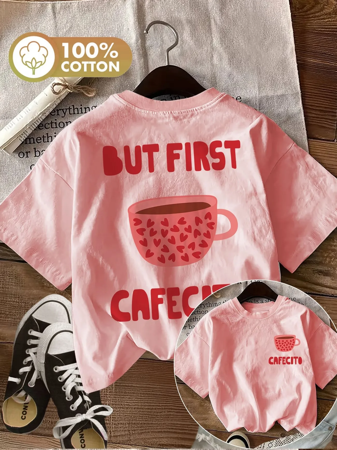 But First Cafecito Coffee Grafik-T-Shirt für Damen, Baumwolle, Harajuku, Kawaii, Herz-Tasse-Aufdruck, Rundhalsausschnitt, kurz, für den Alltag, Basic-Mode-Top – Detail 5