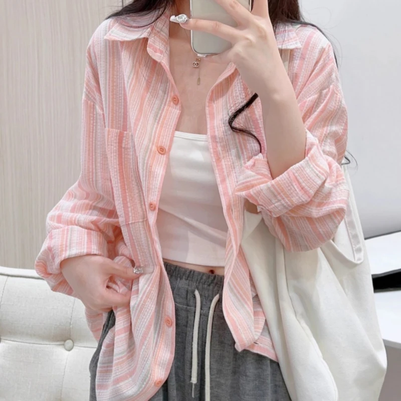 Summer Vacation Loose Striped Pink Linen Shirt Women's Tops Sun Shirt Early Fall Long Sleeve Tops